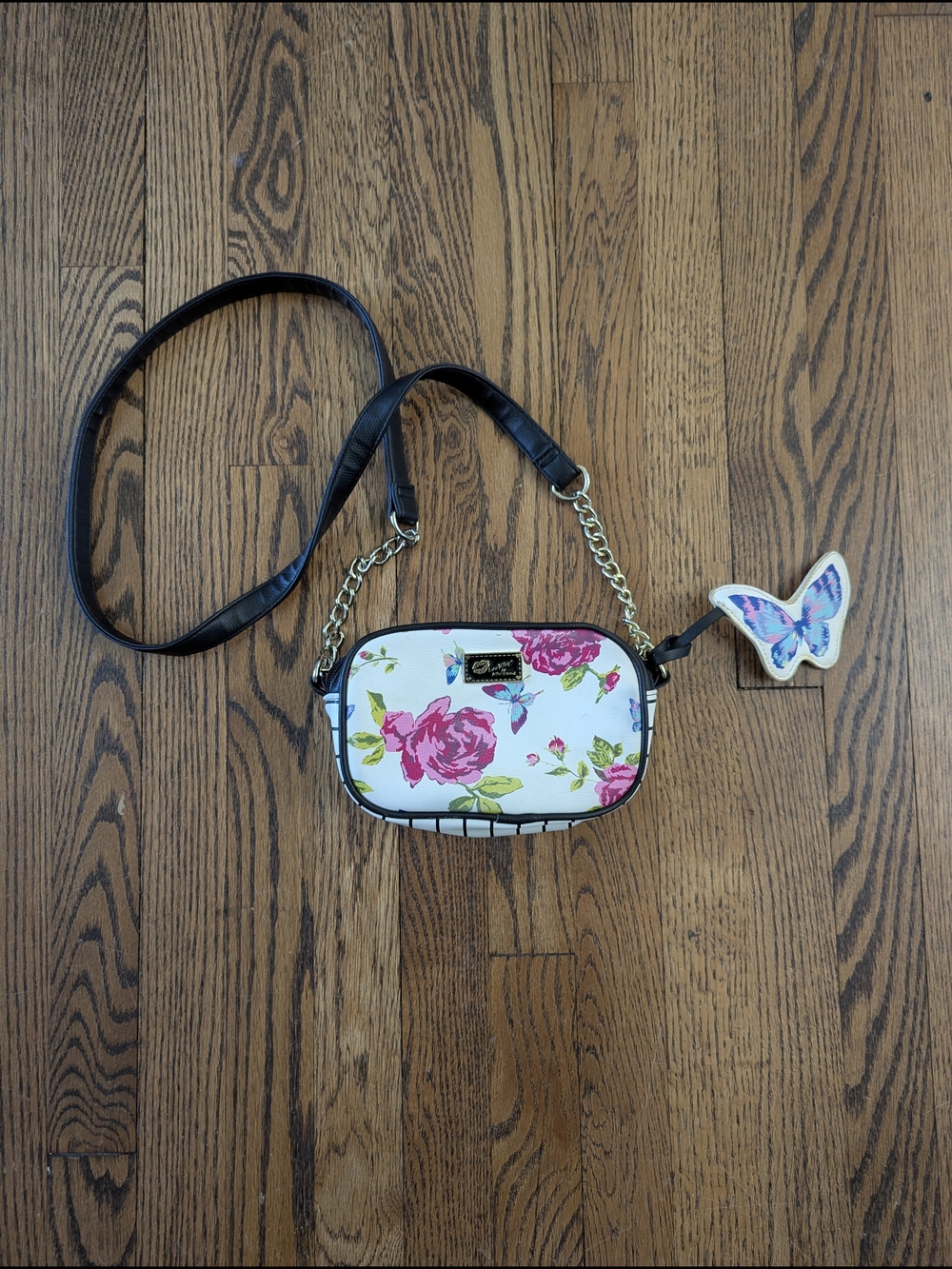 Betsey Johnson White Crossbody Bag with Pink Floral Print and Butterfly Charm